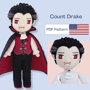 May include: Crochet pattern for a vampire doll named Count Drake. The pattern includes instructions for making a red and black cape, a red vest, and black pants. The pattern is available as a PDF download.