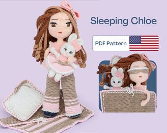Sleeping Crochet Doll Pattern, Easy Amigurumi Pattern, Night Crochet Doll Clothes, Crochet Doll Shoes, Amigurumi PDF pattern, Eye Embroidery