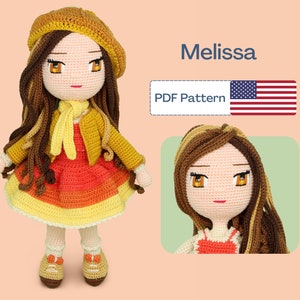 May include: Crochet doll pattern for a girl named Melissa. The doll has brown hair, a yellow and orange dress, and a yellow jacket. The pattern is available as a PDF download.