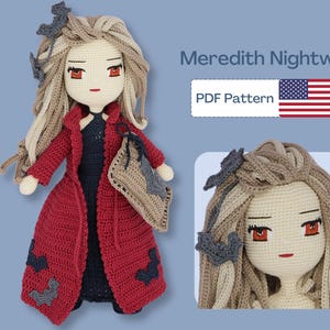 May include: Crochet doll pattern for a girl wearing a red coat and a black dress. The doll has long brown hair and a cute face. The pattern is available as a PDF download. Meredith Nightwear PDF Pattern.
