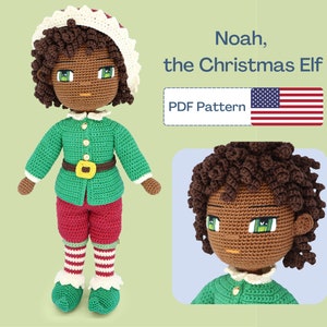 May include: Crochet pattern for a brown-skinned elf doll named Noah, wearing a green elf costume with a red hat and red trousers. The pattern is available as a PDF download. The image also includes the text "Noah, the Christmas Elf" and "PDF Pattern".