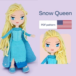 Snow Queen Crochet Doll Pattern, Easy Amigurumi PDF Pattern, Cute Crochet Doll Dress, Crochet Doll Shoes, Amigurumi pattern, Eyes Embroidery