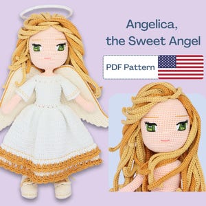 May include: Crochet pattern for a sweet angel doll named Angelica. The pattern includes a PDF download and is available for purchase. The doll is made with white and gold yarn and has a halo.