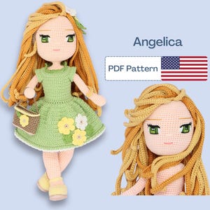 May include: Crochet doll pattern PDF for a girl named Angelica. The doll has long, wavy, golden hair, a green dress with yellow flowers, and a brown basket. The pattern is available in English.