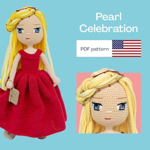 May include: Crochet doll pattern for a girl with blonde hair and a red dress. The pattern is called "Pearl Celebration" and is available as a PDF download. The image also shows a close-up of the doll's face.