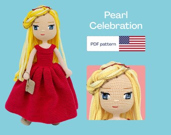 Red Dress Crochet Doll Pattern, Easy Amigurumi PDF Pattern, Red Crochet Doll Clothes, Crochet Doll Shoes, Amigurumi pattern, Eyes Embroidery
