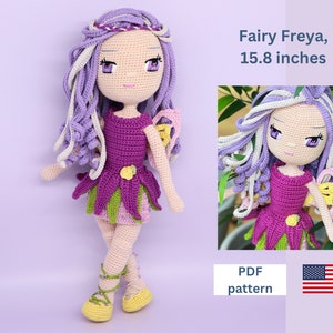 May include: Crochet pattern for a purple and green fairy doll named Freya, standing 40 cm tall. The pattern is available as a PDF download. The image also includes the American flag.