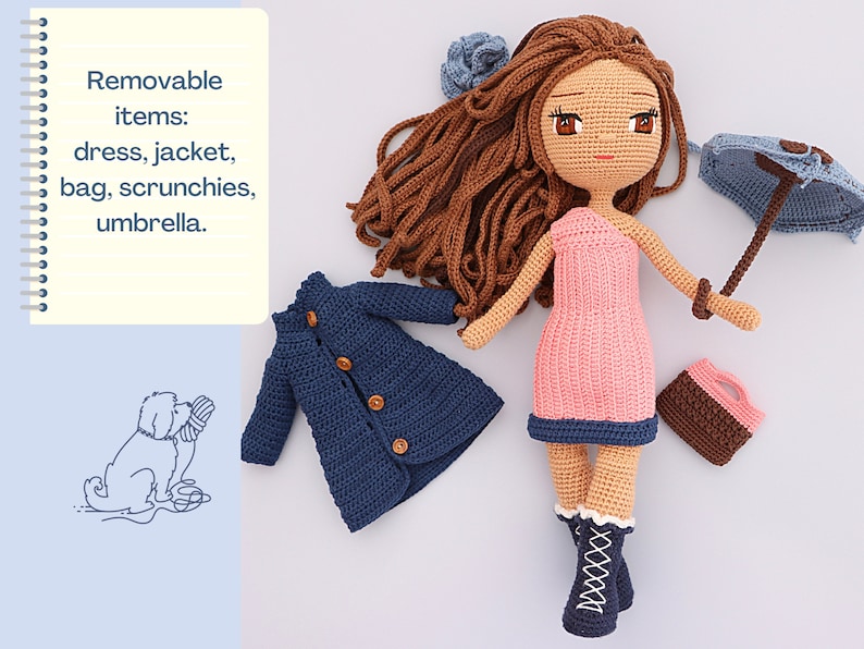 Crochet Doll Pattern, Easy Amigurumi Pattern, Cute Crochet Doll Dress, Crochet Doll Shoes, Jacket, Umbrella, Boots, Amigurumi Toy PDF file image 6