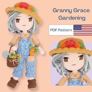 May include: Crochet pattern for a granny doll wearing a straw hat with flowers, overalls, and holding a basket of vegetables. The pattern is called "Granny Grace Gardening" and is available as a PDF download.
