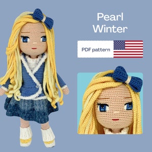 May include: Crochet doll pattern for a girl named Pearl Winter. The doll is wearing a blue jacket, a white sweater, a denim skirt, and white socks with yellow shoes. The doll has long blonde hair and blue eyes. The pattern is available as a PDF download. The image also includes a close-up of the doll's face.