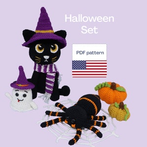 Halloween Crochet Pattern, Amigurumi PDF Pattern, Halloween Crochet Set, Halloween Ghost Pattern, Cat, Pumpkin and Spider Crochet Pattern