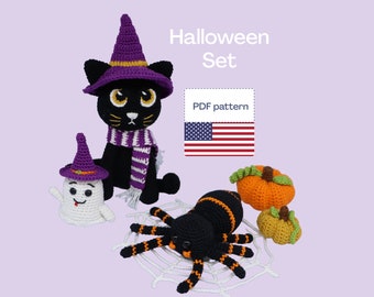 Halloween Crochet Pattern, Amigurumi PDF Pattern, Halloween Crochet Set, Halloween Ghost Pattern, Cat, Pumpkin and Spider Crochet Pattern