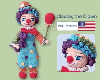 Clown Crochet Doll Pattern, Circus Amigurumi Pattern, Crochet Doll Clothes, Doll Shoes, Clown Hat Pattern, Amigurumi Doll, Eye Embroidery