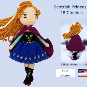 Scottish Princess Crochet Doll Pattern, Easy Amigurumi Pattern, Cute Crochet Doll Dress, Crochet Doll Shoes, Amigurumi PDF, Eyes Embroidery