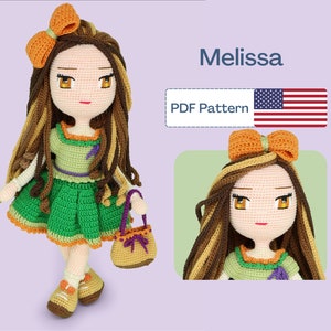 May include: Crochet doll pattern for a girl named Melissa. The doll has brown and blonde hair, a green dress, and a brown purse. The pattern is available as a PDF download.
