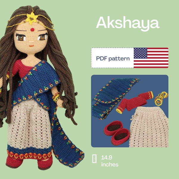 Indiase gehaakte poppenpatroon, eenvoudig Amigurumi-patroon, schattige gehaakte poppenkleding, gehaakte poppenschoenen, Amigurumi PDF-patroon, oogborduurwerk