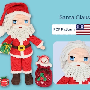 May include: Crochet pattern for a Santa Claus doll. The pattern includes instructions for making a red and white Santa Claus doll with a white beard and a red bag with holly and snowflakes. The pattern is available as a PDF download. The image also includes a close-up of the Santa Claus doll's face.