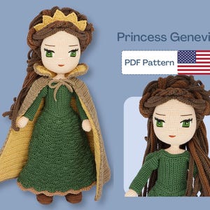 May include: Crochet pattern for a princess doll with a green dress, yellow cape, and brown hair. The pattern is called "Princess Genevieve" and is available as a PDF download.