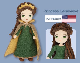 Princess Genevieve Crochet Doll Pattern, Princess Amigurumi Pattern, Crochet Doll Clothes, Doll Shoes, Crown Amigurumi Doll, Eye Embroidery