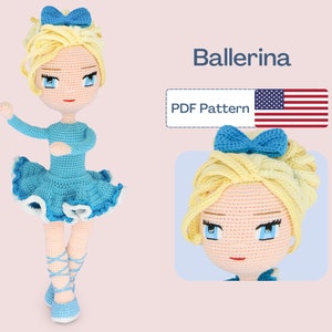 May include: A crochet ballerina doll with blonde hair and a blue dress. The doll is wearing blue ballet shoes and has a blue bow in her hair. The doll is standing on a pink background. PDF Pattern.