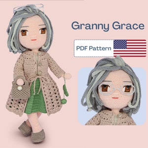 May include: Crochet pattern for a granny doll named Granny Grace. The doll is wearing a beige cardigan, a green skirt, and glasses. The pattern is available as a PDF download.