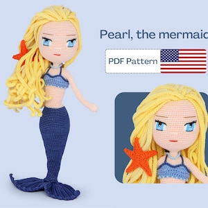 Patrón de muñeca de sirena a crochet, patrón de amigurumi fácil, linda muñeca de sirena amigurumi, PDF de juguete amigurumi, bordado de ojos, patrón de cola