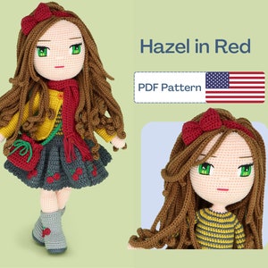May include: Crochet doll pattern for a girl doll with brown hair, a red bow, and a yellow and grey outfit. The pattern is called "Hazel in Red" and is available as a PDF download.