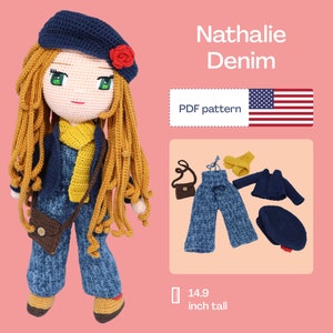 May include: Crochet doll pattern for Nathalie Denim, a 14.9 inch tall doll with blue denim trousers, a yellow scarf, a blue jacket, and a blue hat. The pattern includes a PDF download and is available for purchase.