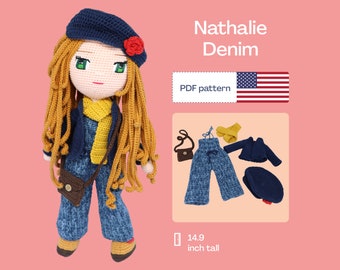 Denim Crochet Doll Pattern, Easy Amigurumi PDF Pattern, Cute Crochet Doll Clothes, Crochet Doll Shoes, Amigurumi pattern, Eyes Embroidery