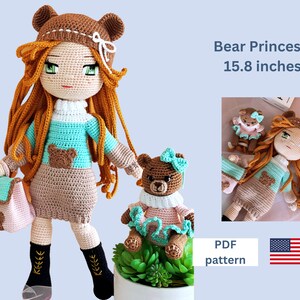 May include: Crochet pattern for a bear princess doll, 15.8 inches tall, with a smaller bear doll. The pattern is available as a PDF download. The dolls are wearing brown, blue, and pink clothing.