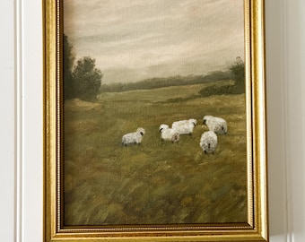 Framed Sheep Landscape Print: Giclee Canvas Art, Gold Wood Frame