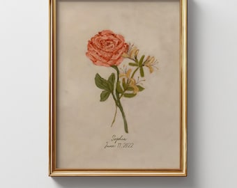 June Birth Flower Canvas Print: Rose & Honeysuckle, Custom Name Art