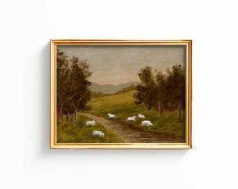 Sheep Landscape Art Print: Giclee Canvas Reproduction