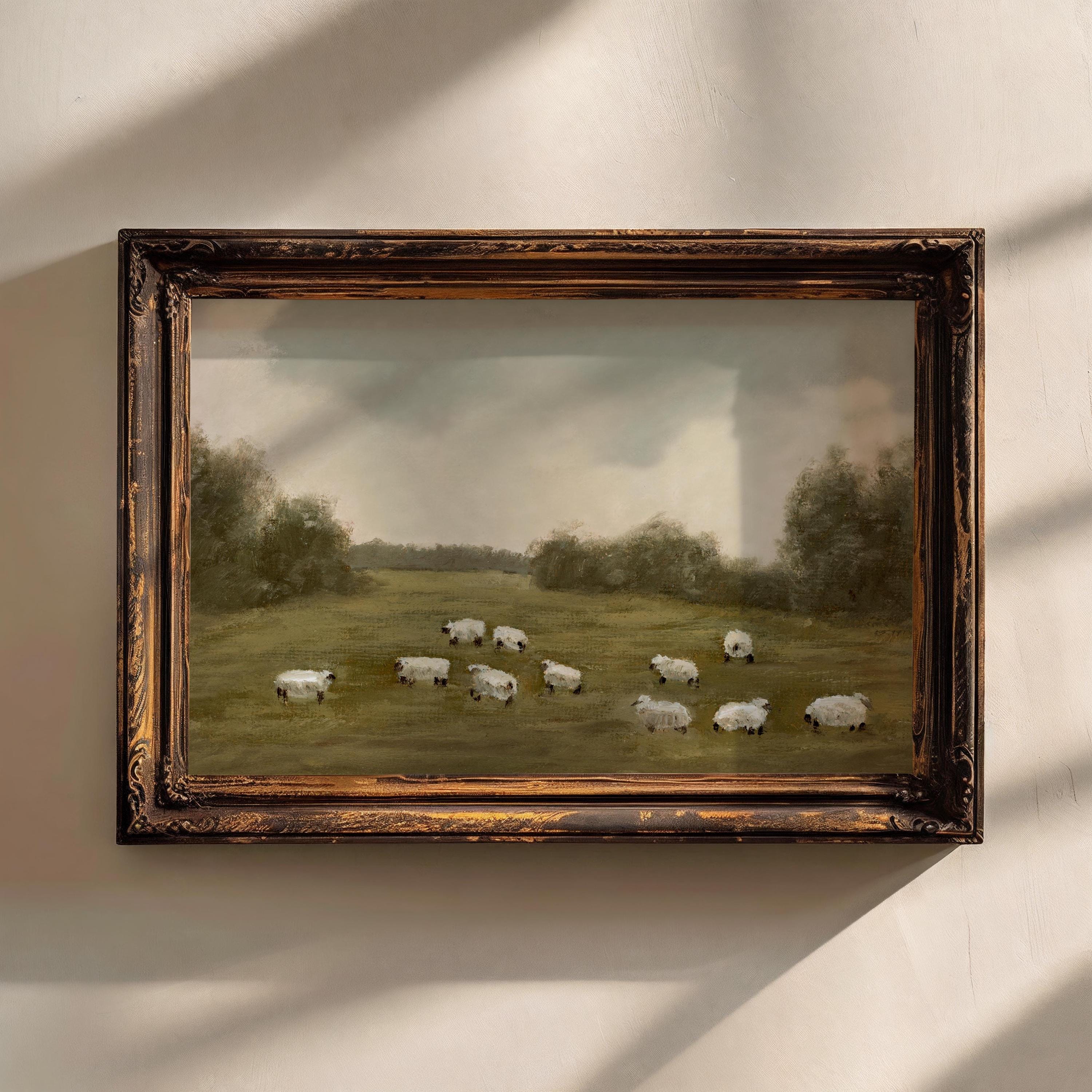 Landscape Sheep Art Print: Muted Green Pastoral Painting