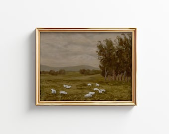 Sheep Landscape Art Print: Giclee Canvas Reproduction