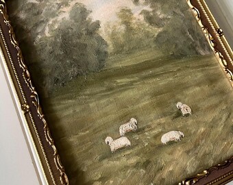 Original Pastoral With Sheep: Landscape Painting in Vintage Gold Frame ...