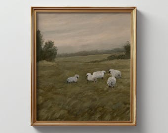 Landscape Sheep Art Print: Muted Green Pastoral Painting