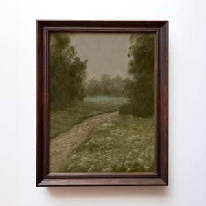Landscape Oil Painting Print: Muted Green Countryside Art