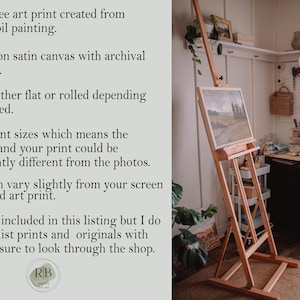 May include: A wooden easel with a canvas print on it. The easel is in a room with a white wall and a pegboard with various art supplies. The text on the wall reads: "This is a giclee art print created from my original oil painting. It is printed on satin canvas with archival pigment inks. It will ship either flat or rolled depending on size ordered. I offer different sizes which means the ratios range and your print could be cropped slightly different from the photos. The color can vary slightly from your screen to the finished art print. Frame is not included in this listing but I do occasionally list prints and originals with frames so be sure to look through the shop. RB"