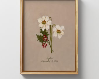 December Birth Flower Print: Christmas, Narcissus & Holly Canvas Art