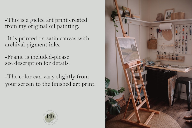 May include: A giclee art print on a wooden easel. The print is on satin canvas with archival pigment inks. The text on the left side of the image reads: "This is a giclee art print created from my original oil painting."