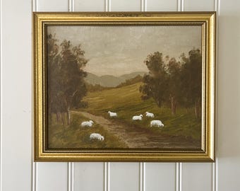 Framed Sheep Landscape Print: Giclee Canvas Art, Gold Wood Frame