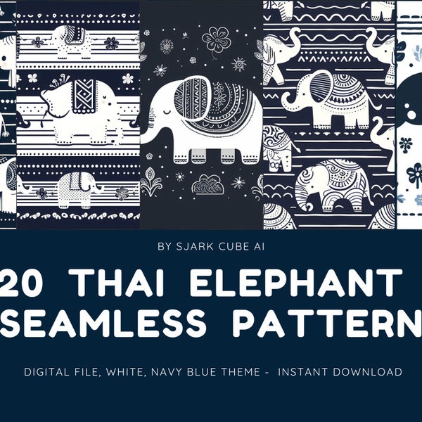 Thai Elephant Seamless Patterns, Chang Thai, white, Navy Blue Hand Drawn, Instant Download, Thai Style Pattern Backgrounds