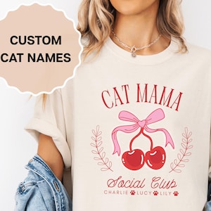 Personalized Cat Mama Shirt, Social Club T-Shirt, Cat Lover Gift, Cherry Shirt, Comfort Colors® Coquette Tee, Cat Mom Gift, Custom Cat Shirt