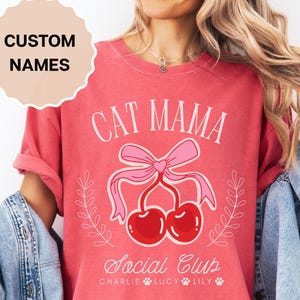 Personalized Cat Mama Shirt, Social Club T-Shirt, Cat Lover Gift, Cherry Shirt, Comfort Colors® Coquette Tee, Cat Mom Gift, Custom Cat Shirt