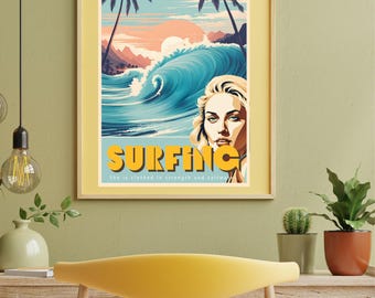 Vintage Female Surfer Beach Poster- Surfing - Digital Download