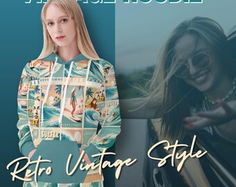 Peut inclure: Un sweat-shirt bleu sarcelle avec un imprimé vintage de scène de surf. L'imprimé représente des vagues, des palmiers et le texte "Aqua Femme Surfer Girls". Le sweat-shirt a une capuche avec cordon de serrage et une poche kangourou.