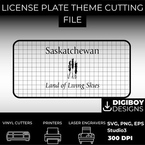May include: Black and white digital download design file for a Saskatchewan licence plate. The design features the text "Saskatchewan" and "Land of Living Skies" with a wheat stalk graphic.