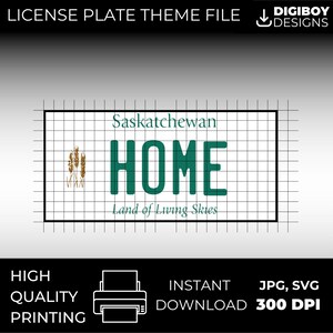 May include: A printable license plate design featuring the text "Saskatchewan HOME Land of Living Skies" in green text with a wheat stalk graphic. The design is on a white background with a black grid overlay.