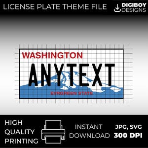 May include: A blue and white Washington state license plate template with the text "WASHINGTON" and "ANYTEXT" and the words "EVERGREEN STATE" at the bottom. The template is on a grid background.